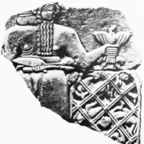 Black and white photo of Stele of Vultures
