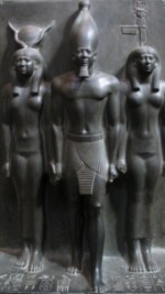 Statue of pharaoh Menkaura accompanied by goddesses Hathor and Bat